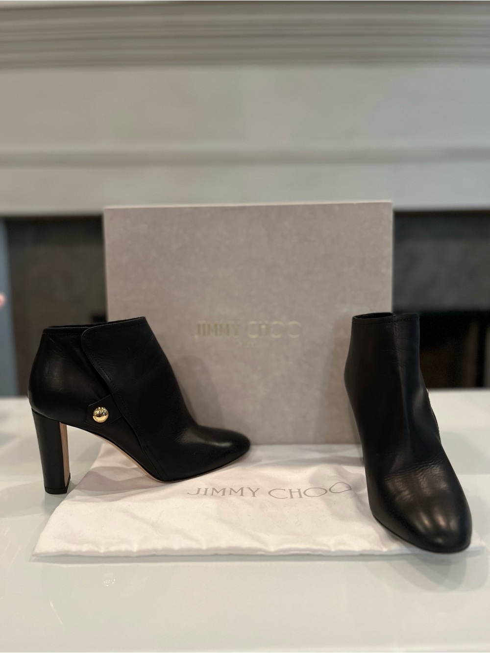 Jimmy Choo Black Leather Medal 85 Asymmetric Button Ankle Bootie Box 36.5